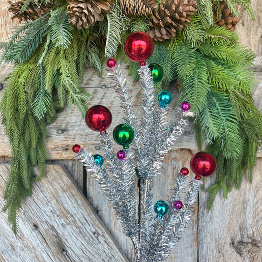 24" Retro Tinsel Spray, Silver Tinsel Spray, Colorful Christmas Spray