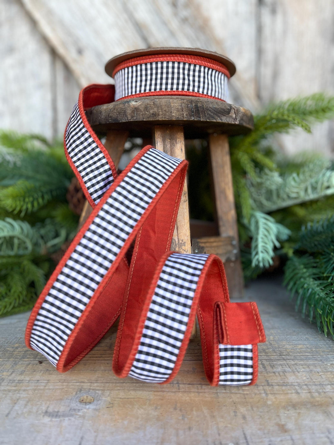 Rust Orange Check Ribbon: Black &amp; White Mini Check, Wired Edge