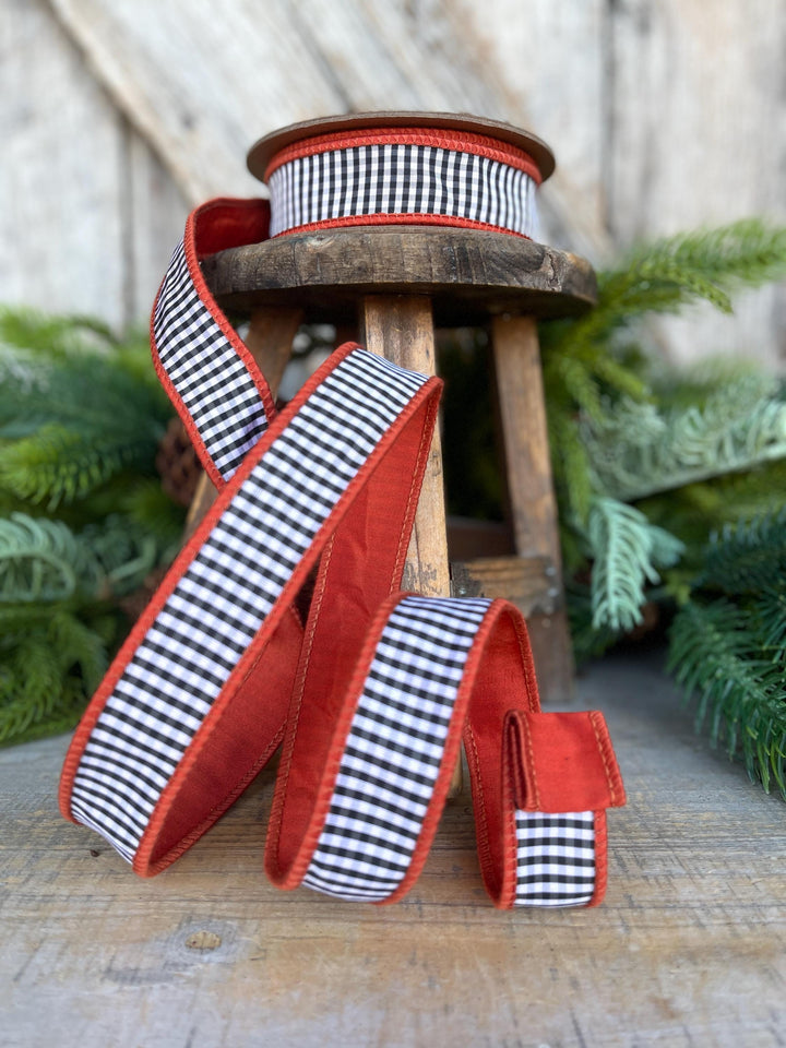 Rust Orange Check Ribbon: Black &amp; White Mini Check, Wired Edge