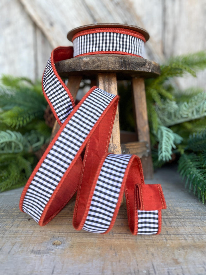 Rust Orange Check Ribbon: Black &amp; White Mini Check, Wired Edge