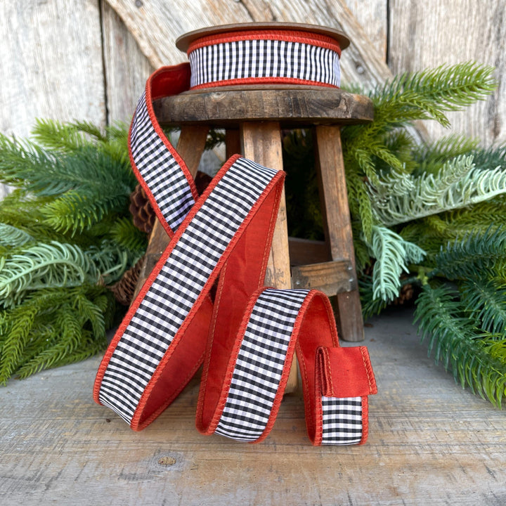 Rust Orange Check Ribbon: Black &amp; White Mini Check, Wired Edge, 1" x 10yds