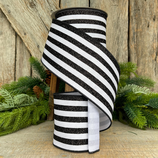 4" Black and White Glitter Stripe Ribbon, Farrisilk Ribbon