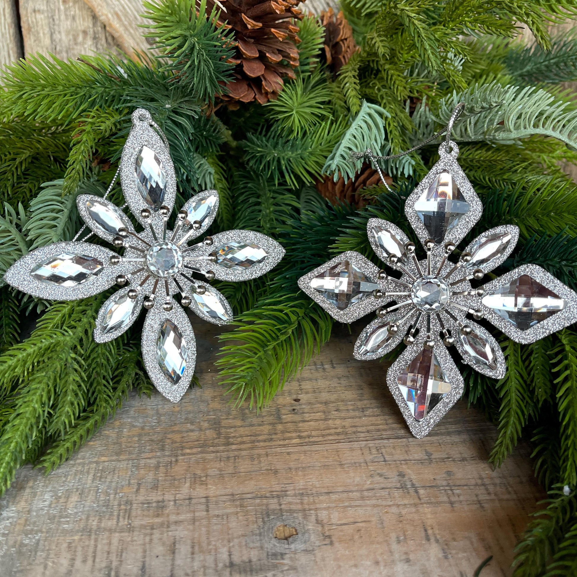 Set of 2 Silver Ornaments, Shatterproof Ornamnents, Silver Christmas Ornaments
