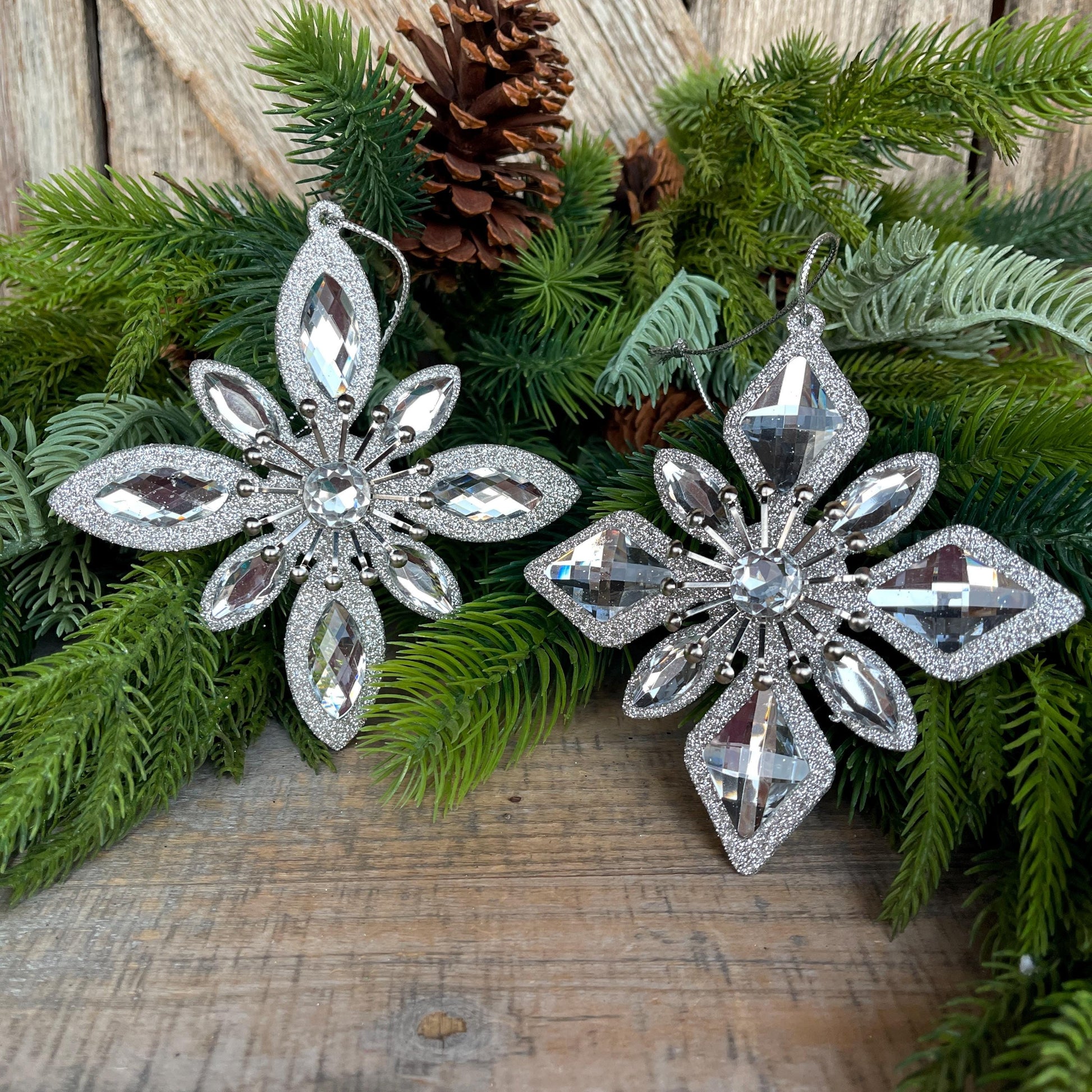 Set of 2 Silver Ornaments, Shatterproof Ornamnents, Silver Christmas Ornaments