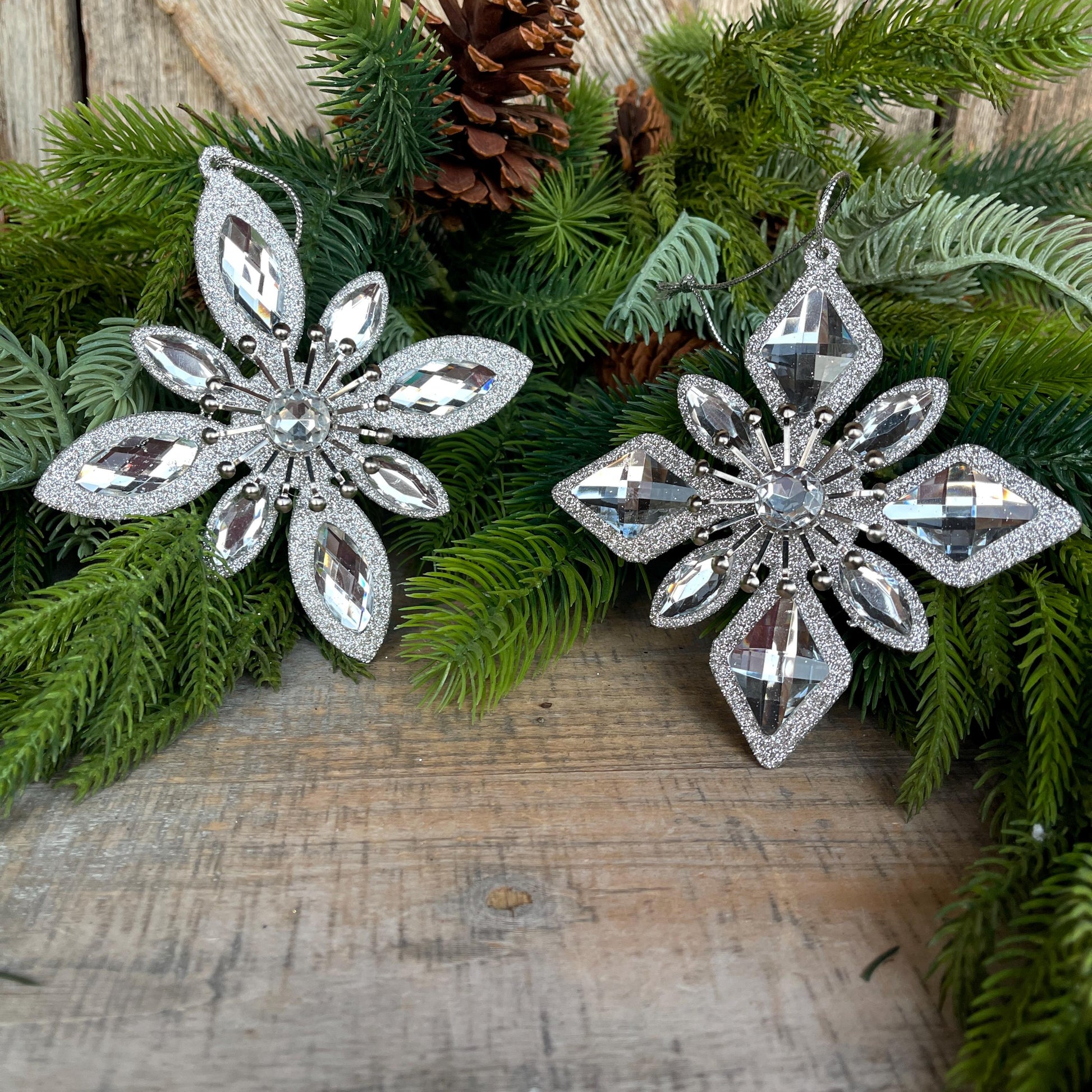 Set of 2 Silver Ornaments, Shatterproof Ornamnents, Silver Christmas Ornaments