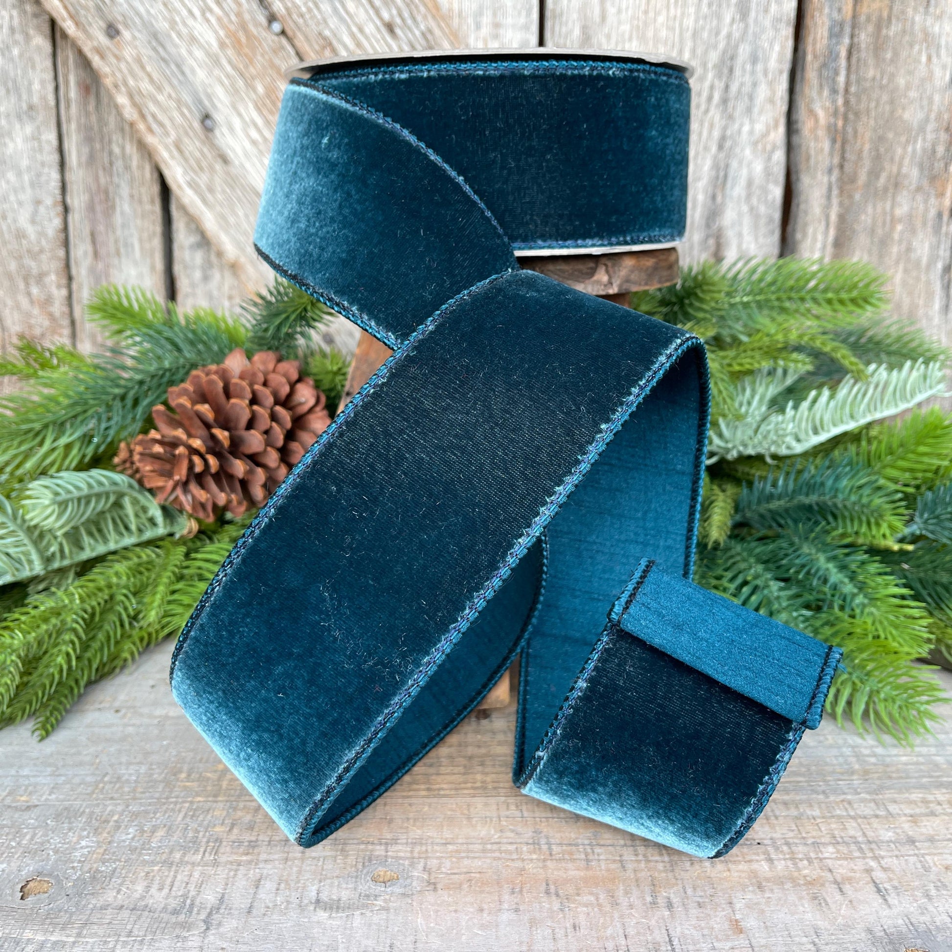 2.5" Dark Teal Velvet Luster RIbbon, Farrisilk Ribbon, Dark Teal Velvet RIbbon, Wired RIbbon, Designer RIbbon, Velvet Ribbon, RG803-19