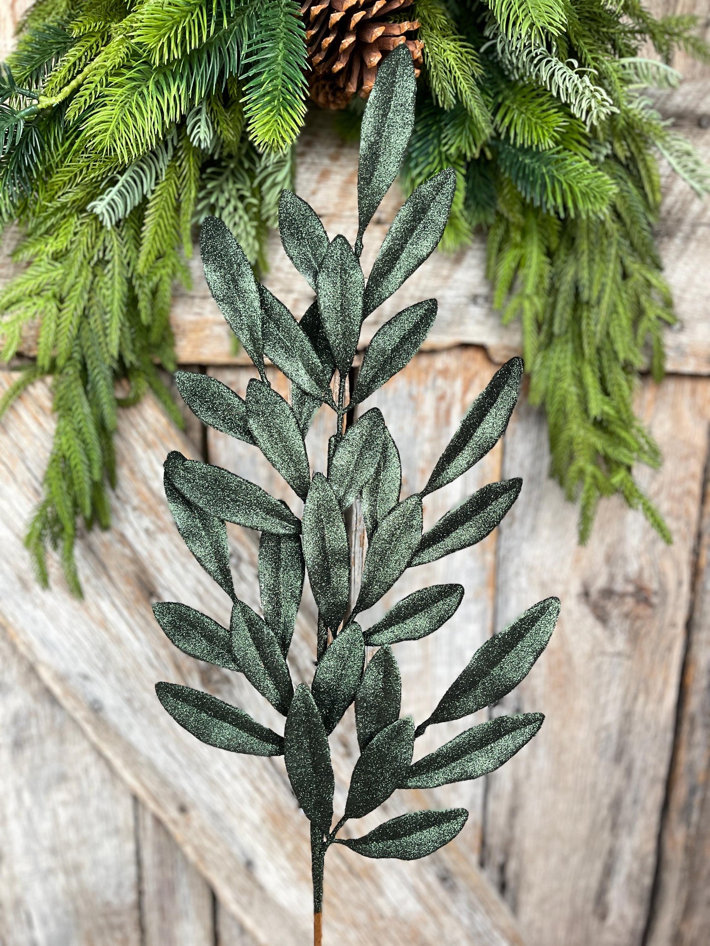 27" Dark Green Laurel Leaf Spray, Green Glitter Leaf Spray, Christmas Tree Picks, 86483DKGN