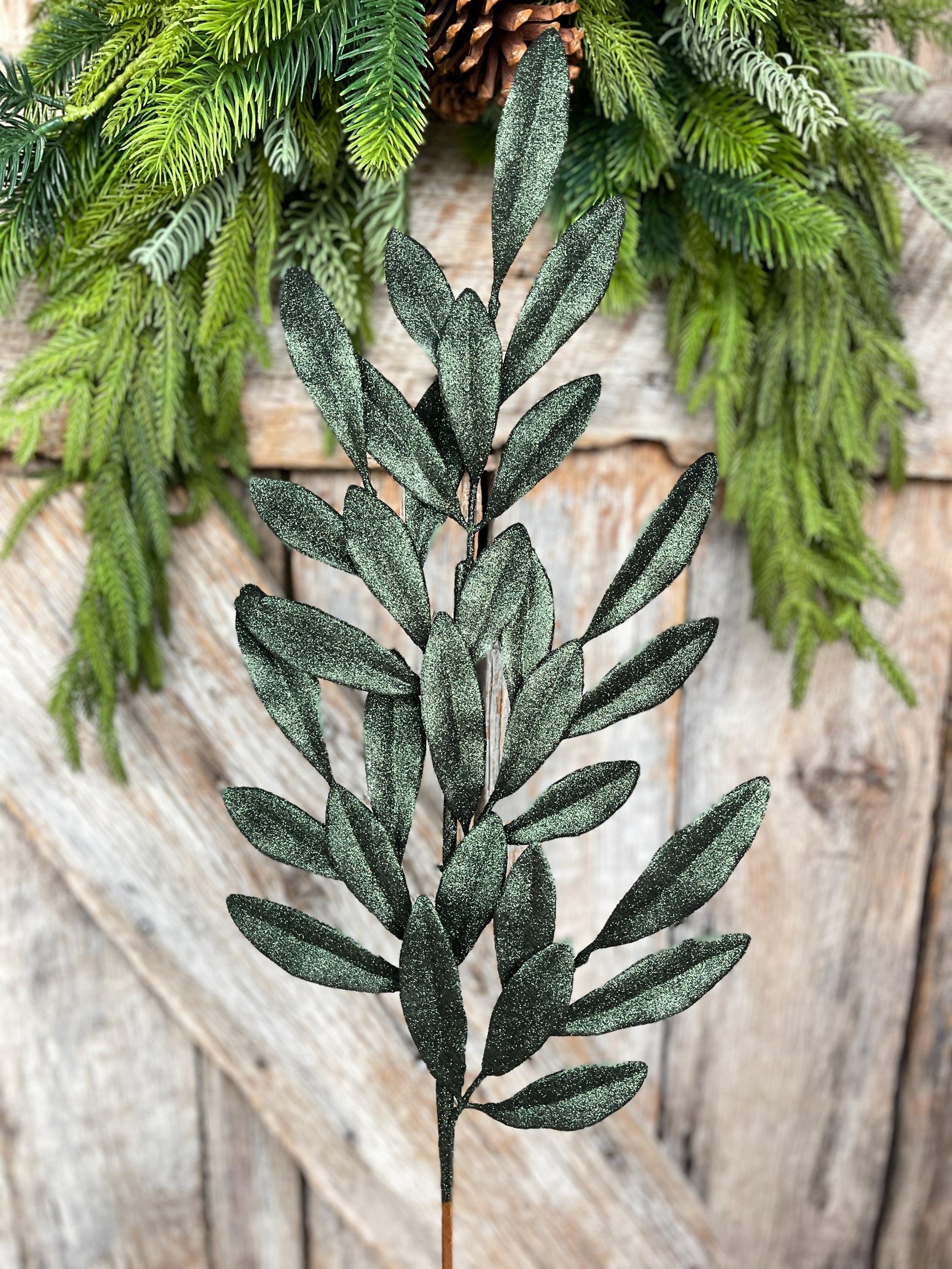 27" Dark Green Laurel Leaf Spray, Green Glitter Leaf Spray, Christmas Tree Picks, 86483DKGN