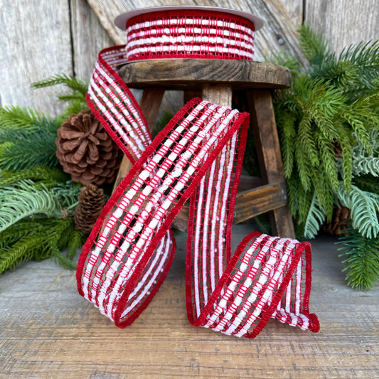 1.375" Santa Trellis Ribbon, Farrisilk Ribbon, Red White Ribbon