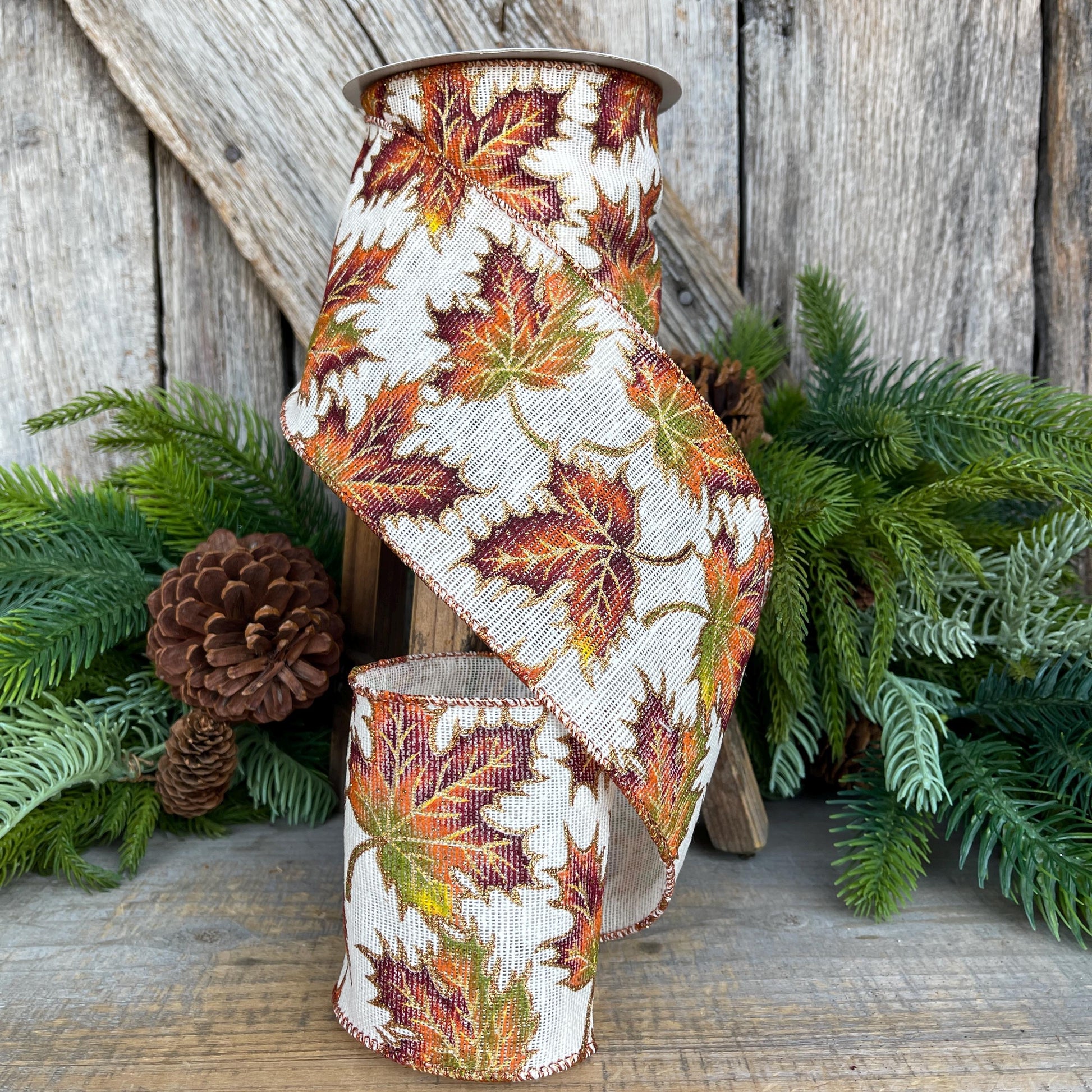 4" Fall Leaves Ribbon, Burlap Fall Leaf Ribbon, Fall Decor