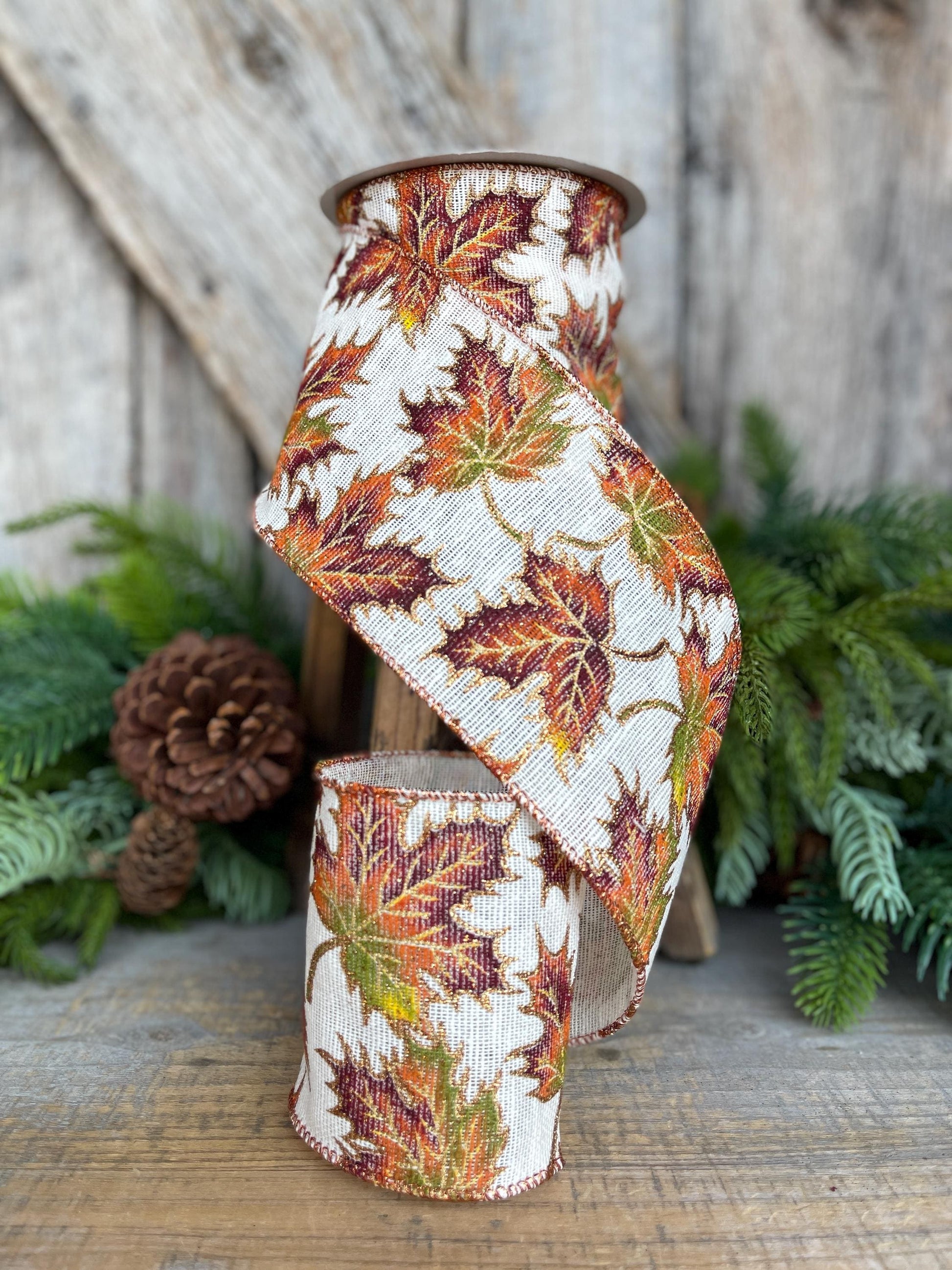 4" Fall Leaves Ribbon, Burlap Fall Leaf Ribbon, Fall Decor