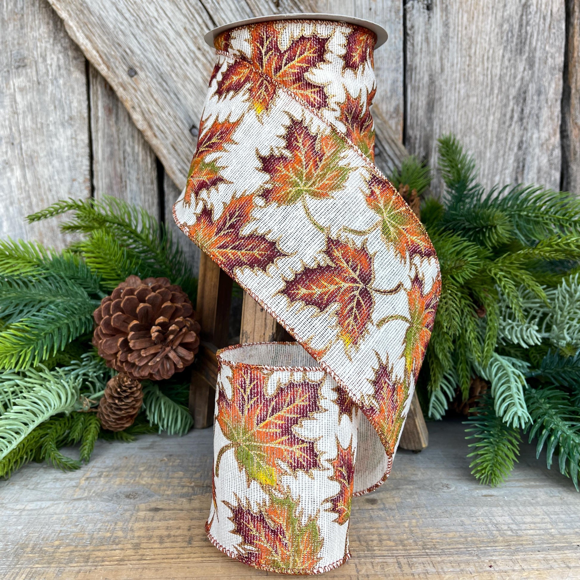 4" Fall Leaves Ribbon, Burlap Fall Leaf Ribbon, Fall Decor
