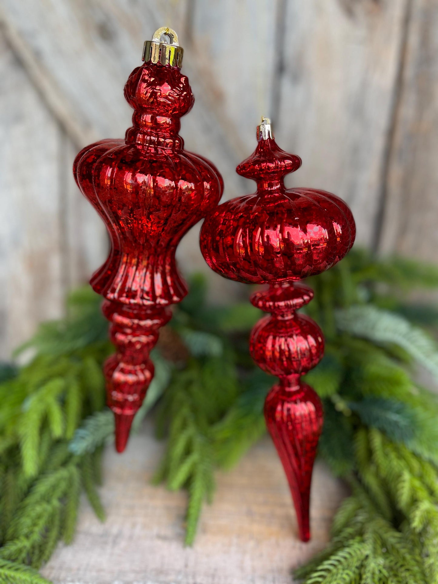Set of 2 - 12" Red Iridescent Finial Ornament, Shatterproof Ornaments, Finial Ornaments