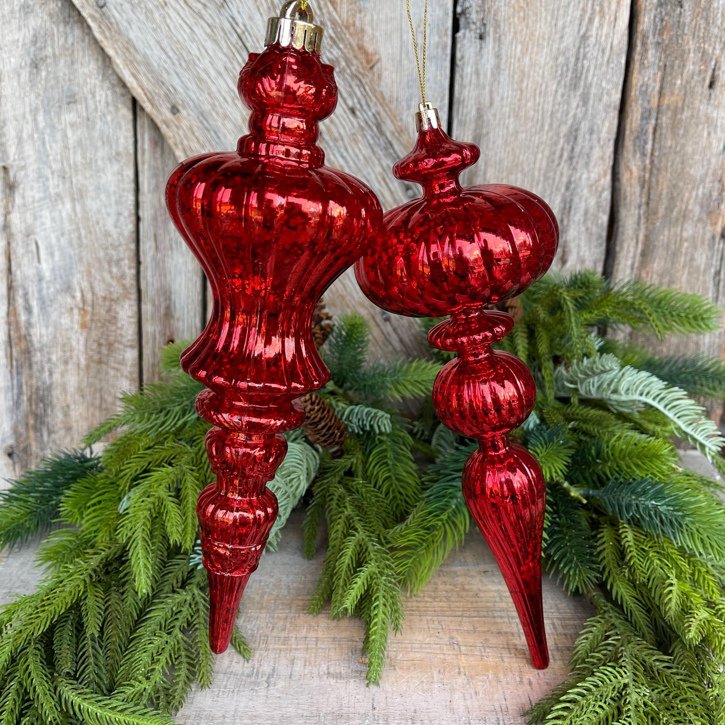 Set of 2 - 12" Red Iridescent Finial Ornament, Shatterproof Ornaments, Finial Ornaments