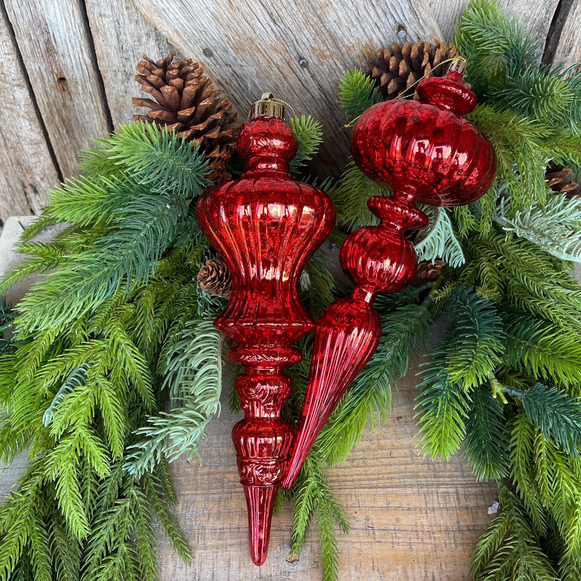Set of 2 - 12" Red Iridescent Finial Ornament, Shatterproof Ornaments, Finial Ornaments