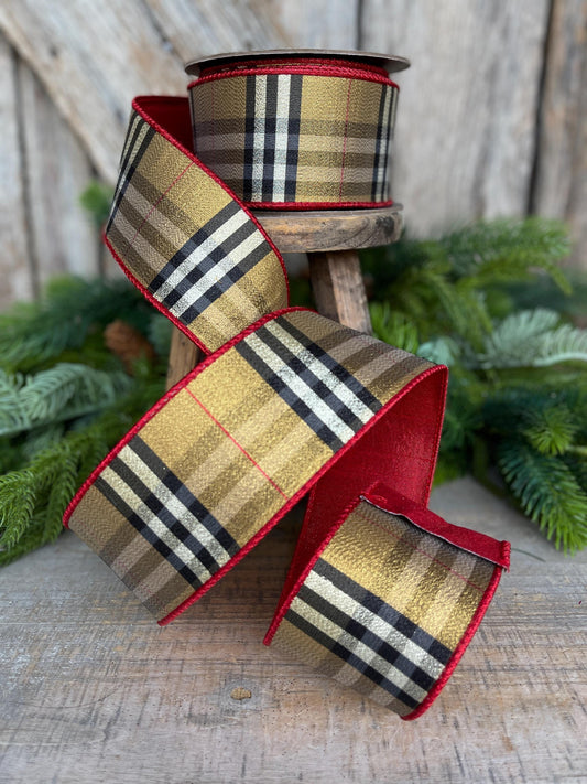 2.5” Burbank holiday plaid, brown black red plaid Christmas ribbon, 10 yards, metallic ribbon, designer plaid, 93920W-974-40F