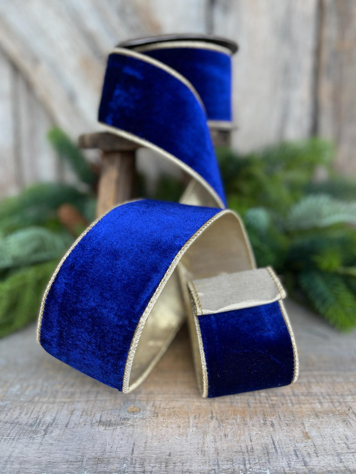 Cobalt Blue Velvet Wired Ribbon: 2.5" x 5 Yards, Gold Backing