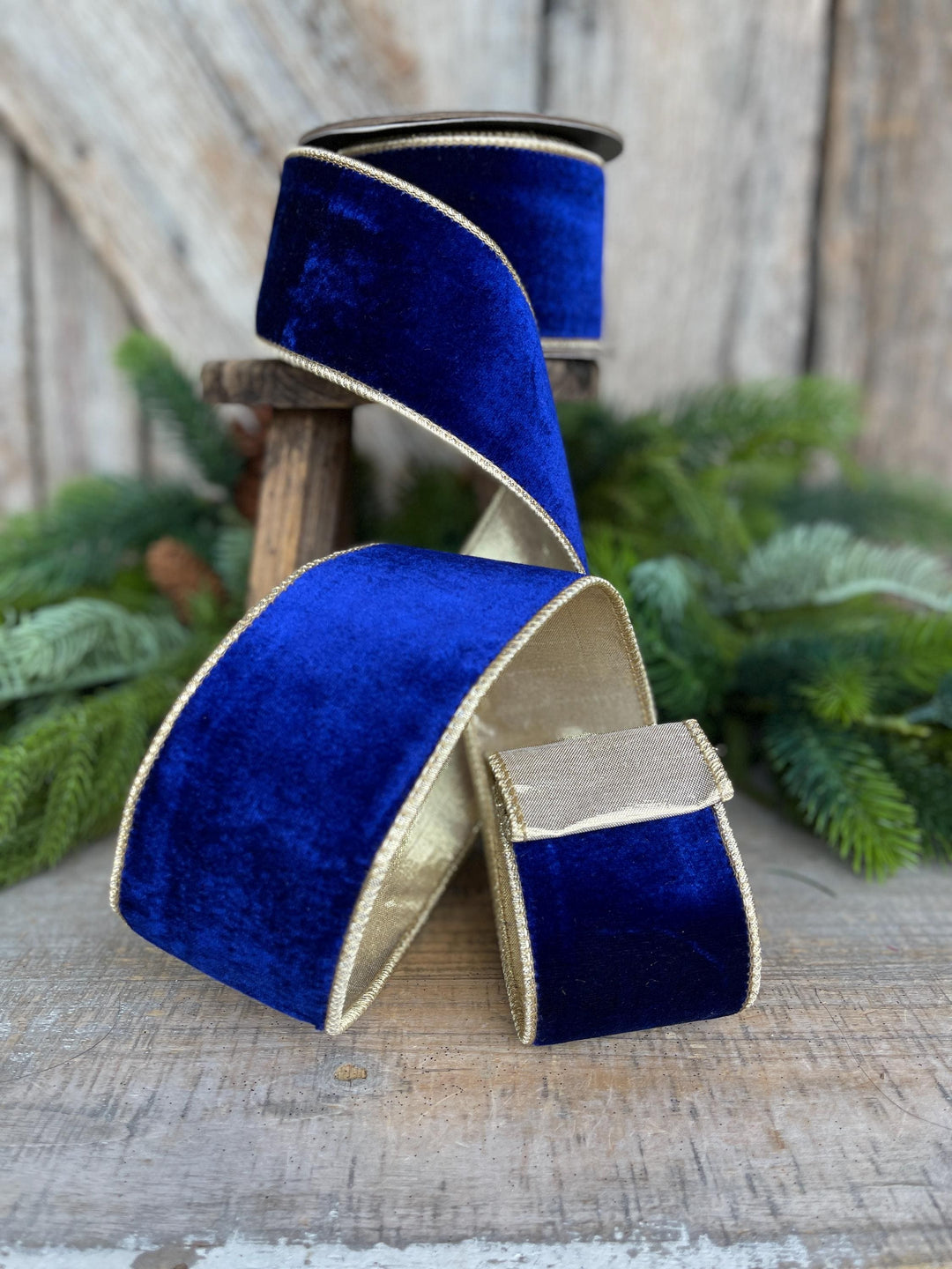 Cobalt Blue Velvet Wired Ribbon: 2.5" x 5 Yards, Gold Backing