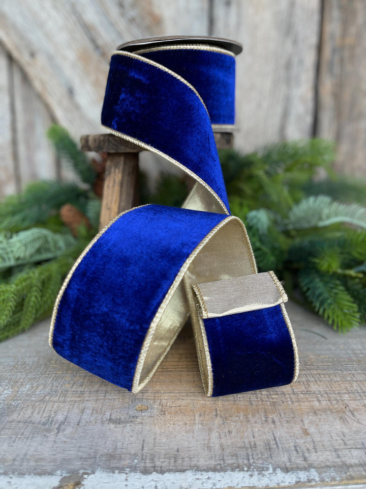 Cobalt Blue Velvet Wired Ribbon: 2.5" x 5 Yards, Gold Backing