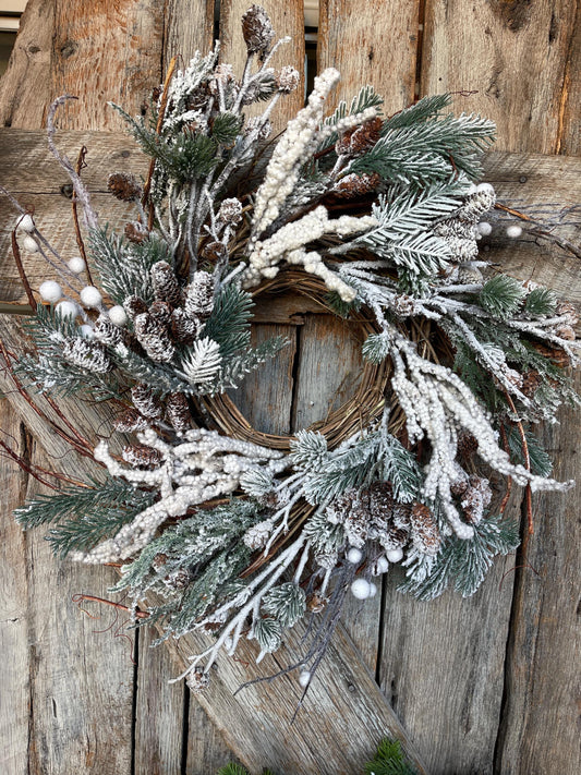 24" Snowy Flocked Wreath,Flocked Front Door Wreath,Christmas Wreath, Artificial Wreath, Christmas Front Door,Pine Wreath,Christmas Farmhouse