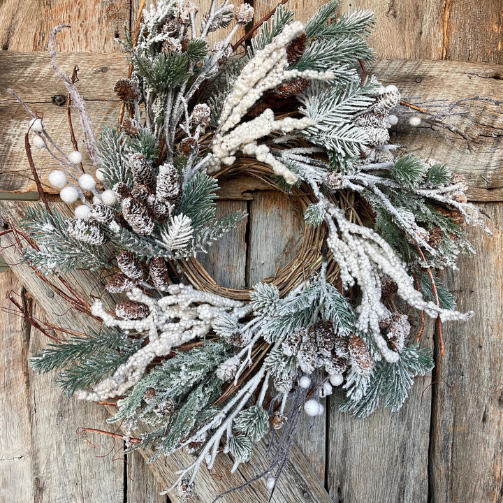 24" Snowy Flocked Wreath,Flocked Front Door Wreath,Christmas Wreath, Artificial Wreath, Christmas Front Door,Pine Wreath,Christmas Farmhouse