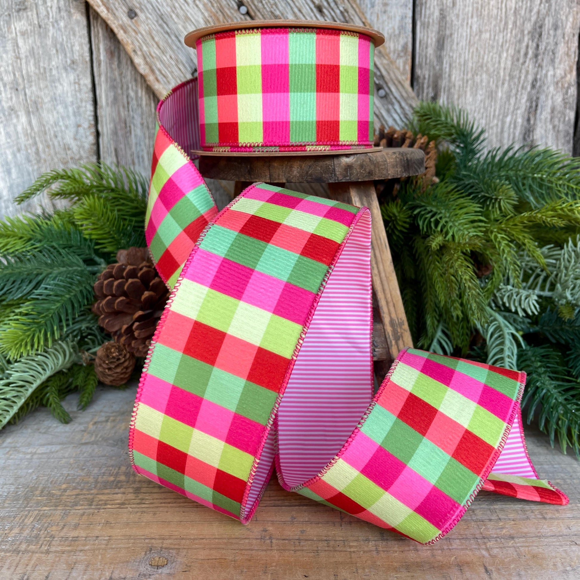 Hot Pink Plaid Ribbon, Christmas Tree Ribbon, 2.5" x 10yds