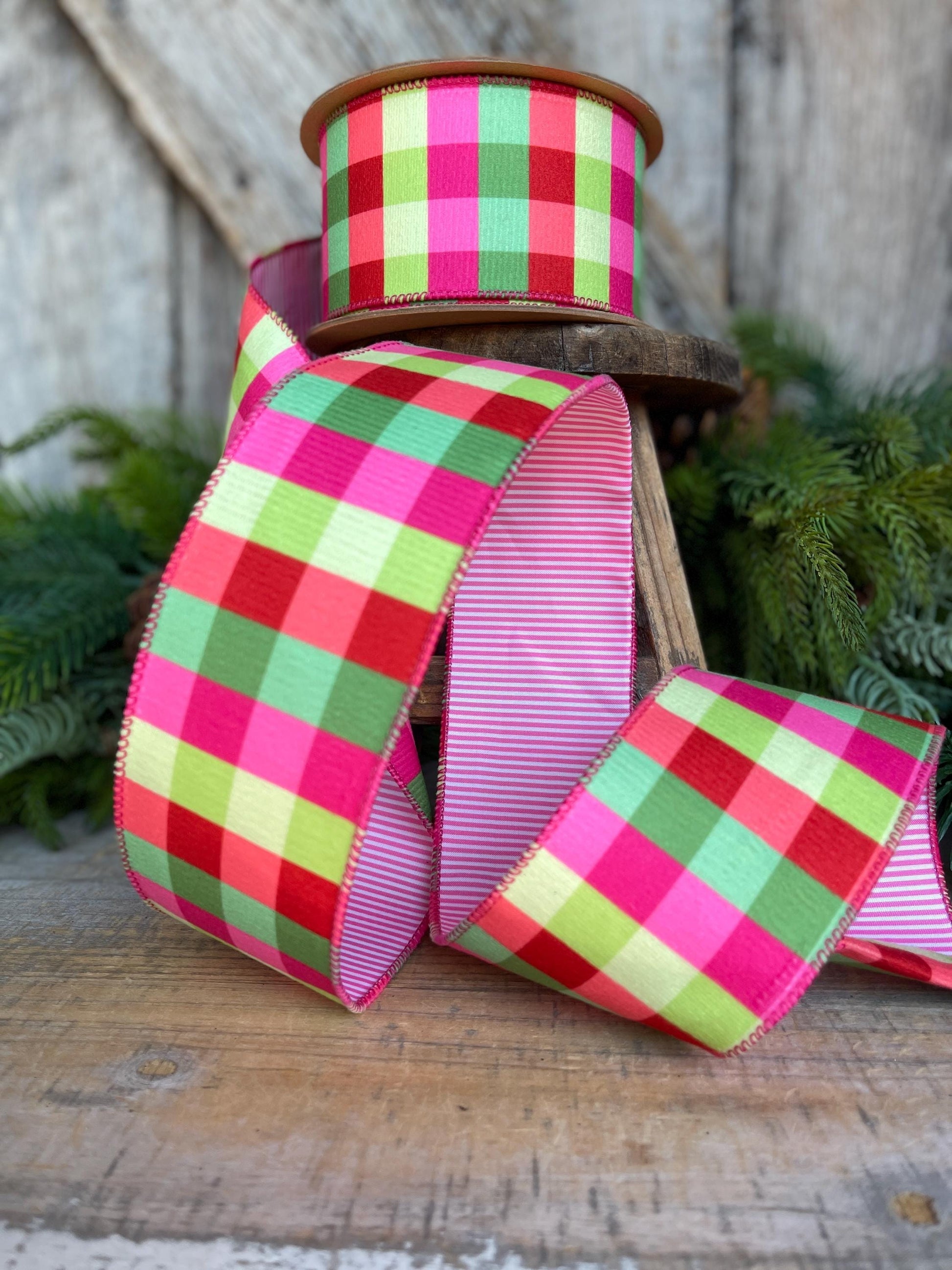 Hot Pink Plaid Ribbon, Christmas Tree Ribbon, 2.5" x 10yds