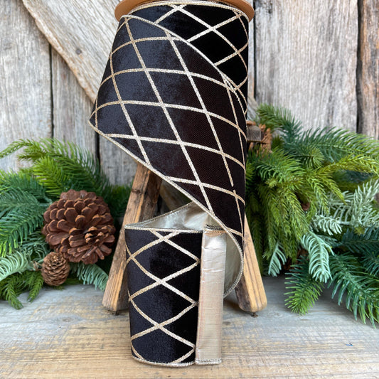 Black Velvet Wired Ribbon, Black Gold Lattice Ribbon Christmas Tree & Holiday Decor, 4" x 10yds