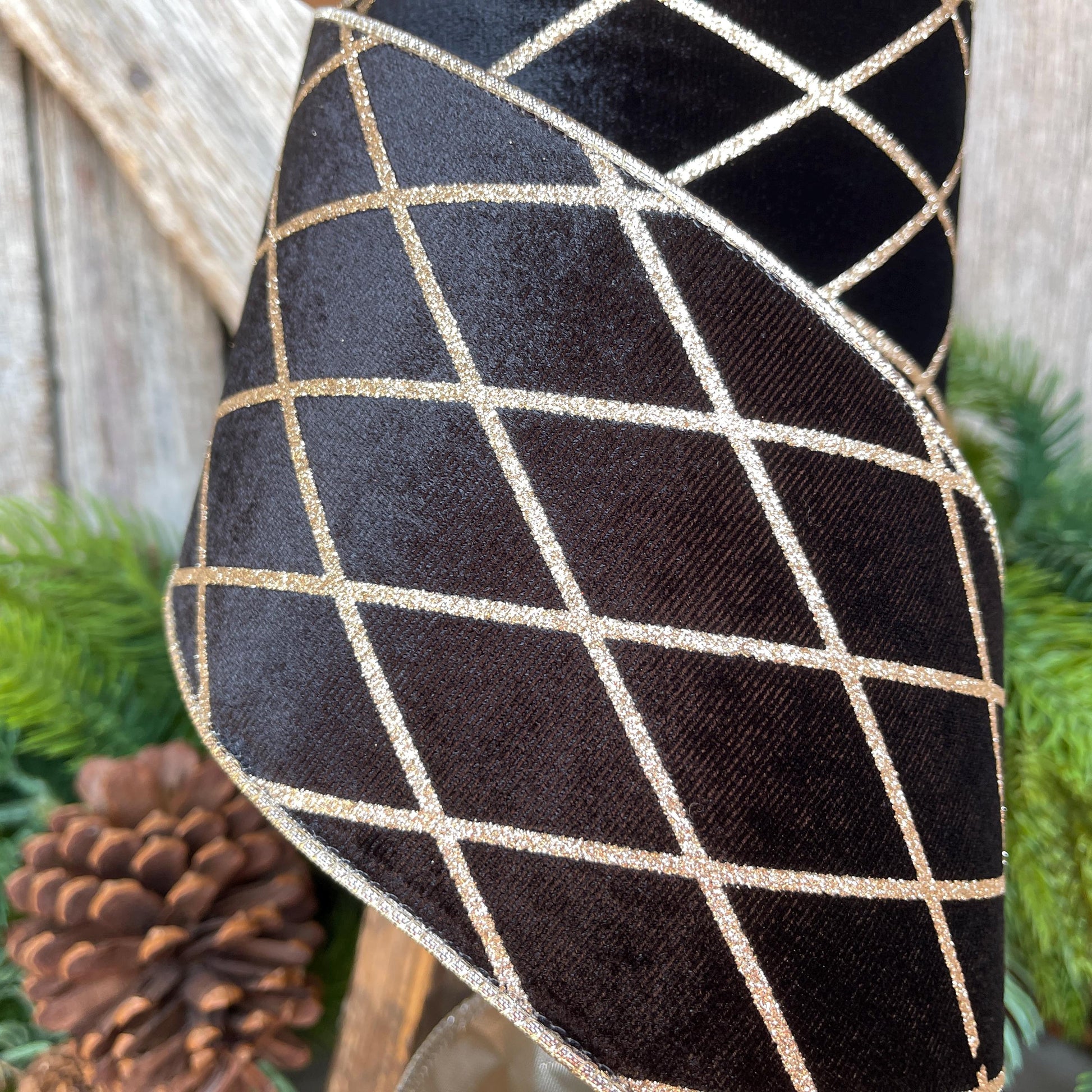 Black Velvet Wired Ribbon, Black Gold Lattice Ribbon Christmas Tree & Holiday Decor, 4" x 10yds