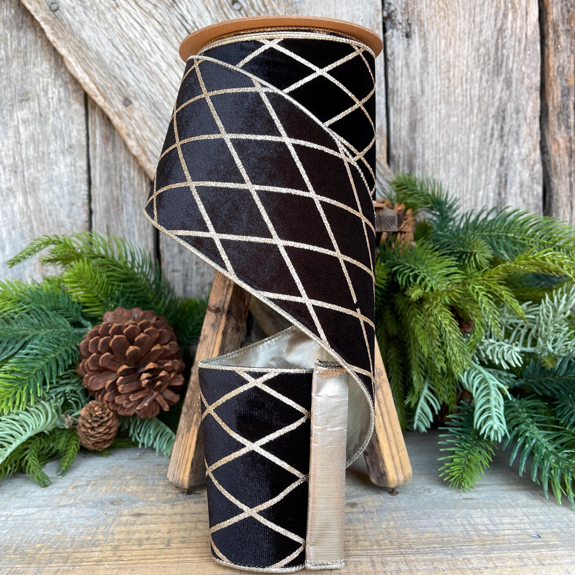 Black Velvet Wired Ribbon, Black Gold Lattice Ribbon Christmas Tree & Holiday Decor, 4" x 10yds