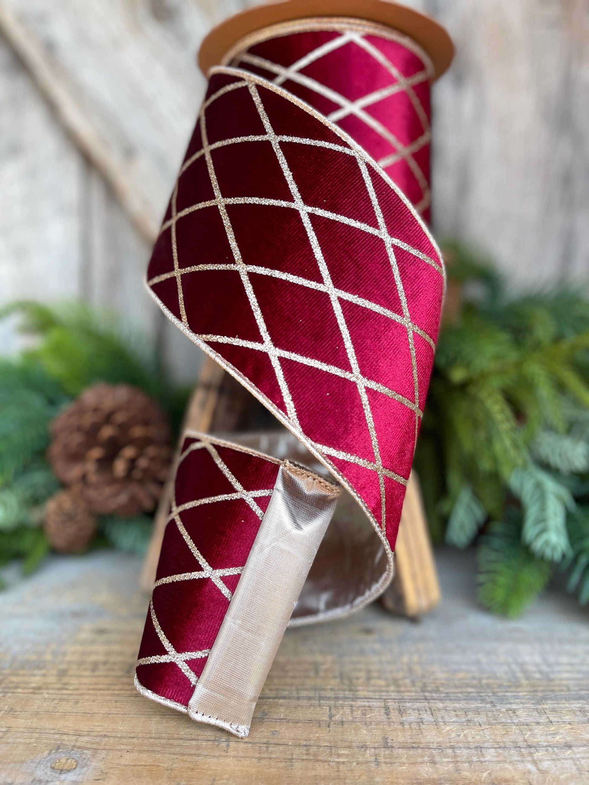 Burgundy Velvet Wired Ribbon, Burgundy Gold Lattice Ribbon Christmas Tree & Holiday Decor, 4" x 10yds