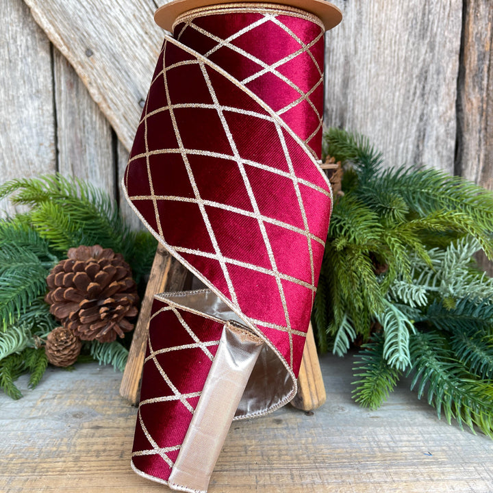 Burgundy Velvet Wired Ribbon, Burgundy Gold Lattice Ribbon Christmas Tree &amp; Holiday Decor, 4" x 10yds