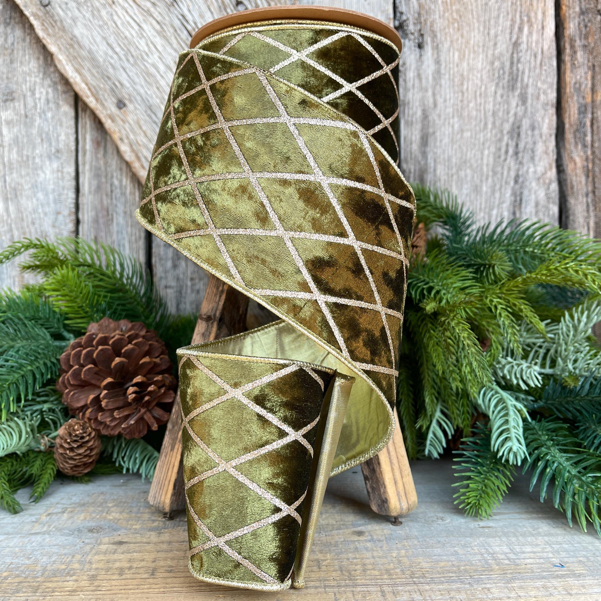 Dark Moss Green Velvet Wired Ribbon, Green Gold Lattice Ribbon Christmas Tree & Holiday Decor, 4" x 10yds