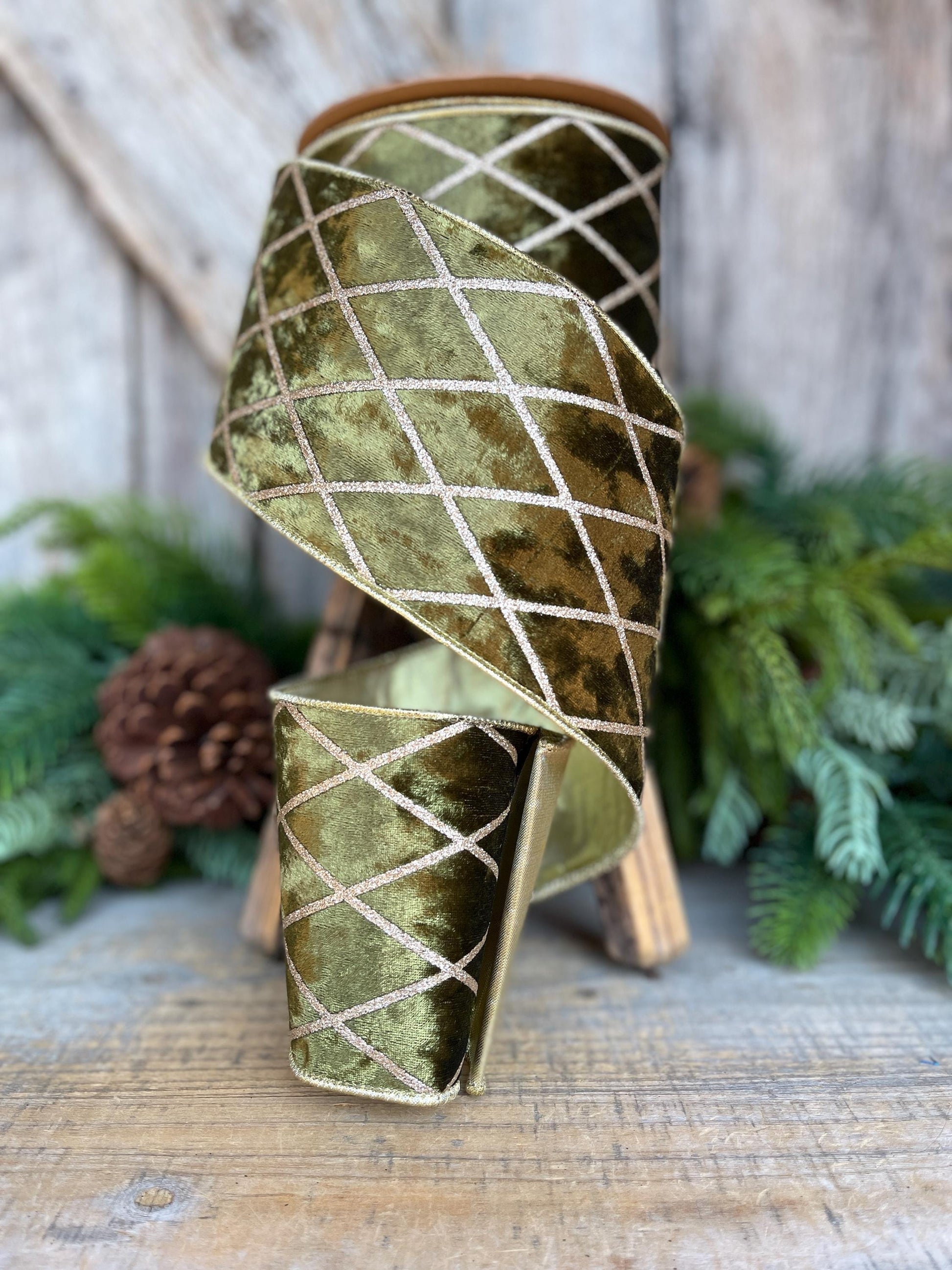 Dark Moss Green Velvet Wired Ribbon, Green Gold Lattice Ribbon Christmas Tree & Holiday Decor, 4" x 10yds