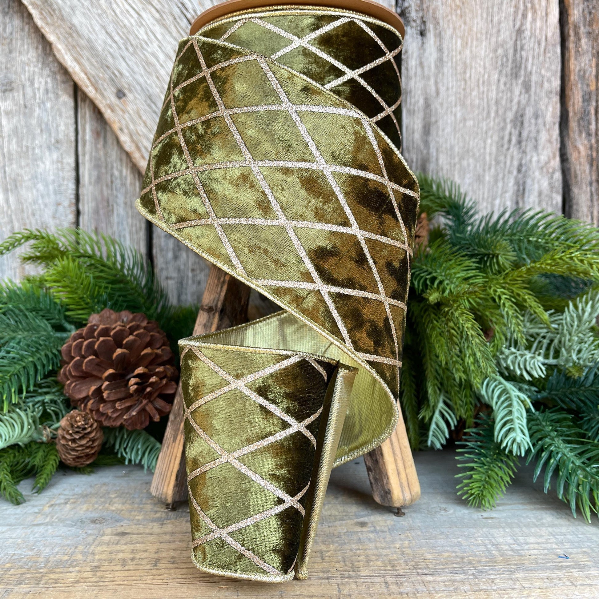 Dark Moss Green Velvet Wired Ribbon, Green Gold Lattice Ribbon Christmas Tree & Holiday Decor, 4" x 10yds