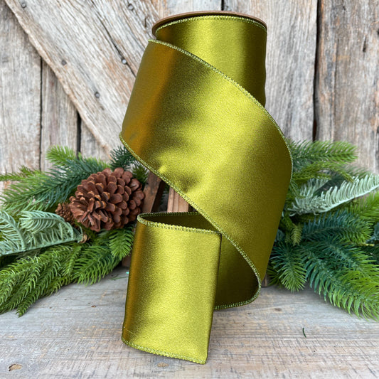 4" Moss Satin Ribbon, Christmas Ribbon, Shimmer Satin Ribbon, Wired Ribbon, Moss Green Ribbon