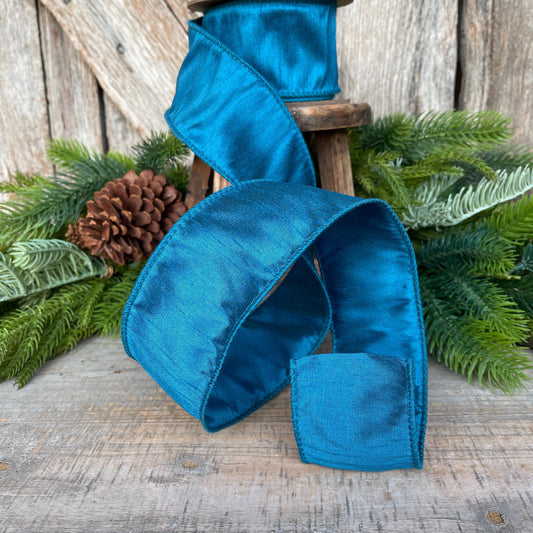 2.5" Turquoise Dupioni Ribbon, wired ribbon, Christmas Ribbon, Jewel Tone Ribbon, Turquoise ribbon, Teal Ribbon