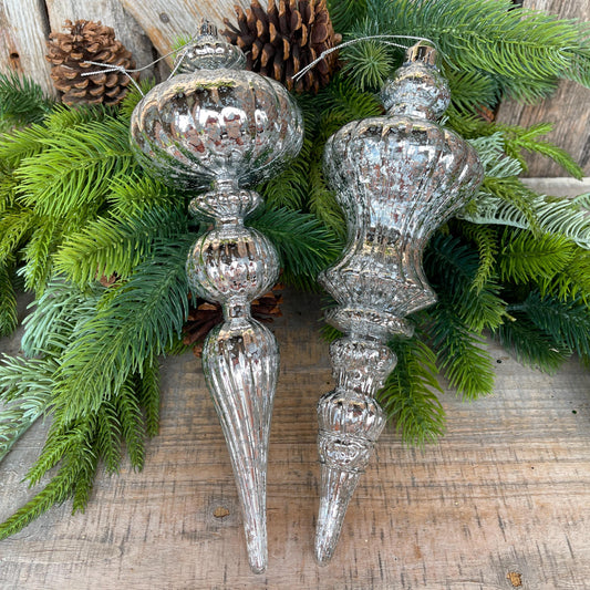 Set of 2 - 12" Silver Finial Ornament, Shatterproof Ornaments, Finial Ornaments, Christmas Ornaments, Silver Christmas Ornaments