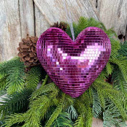 6" Pink Disco Heart Ornament, Pink Heart Ornament, Disco Heart