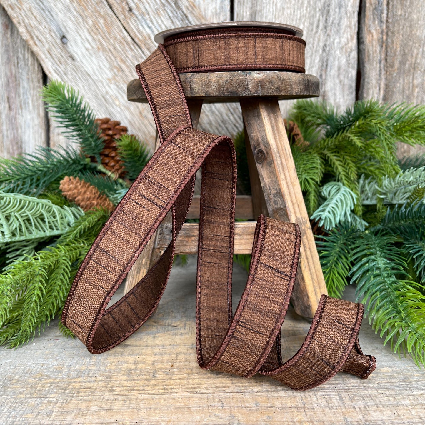1” Pecan Brown Ribbon, Farrisilk ribbon, Shimmering Silk ribbon, Christmas Ribbon, Wired Ribbon, wood ribbon, Woodsy Christmas, RK879-35