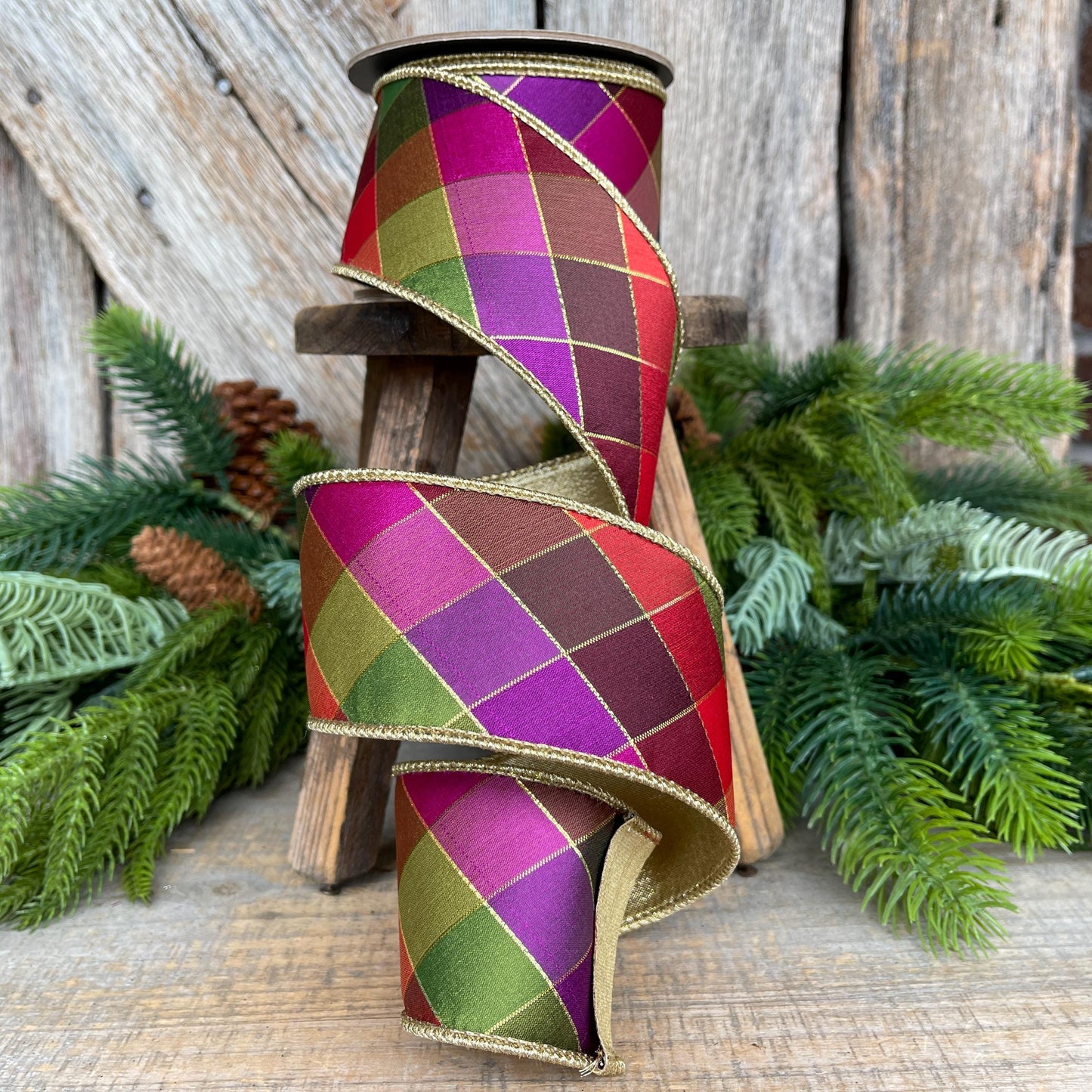 2.5" Fall Diamond Ribbon, Christmas Ribbon, Harlequin Ribbon