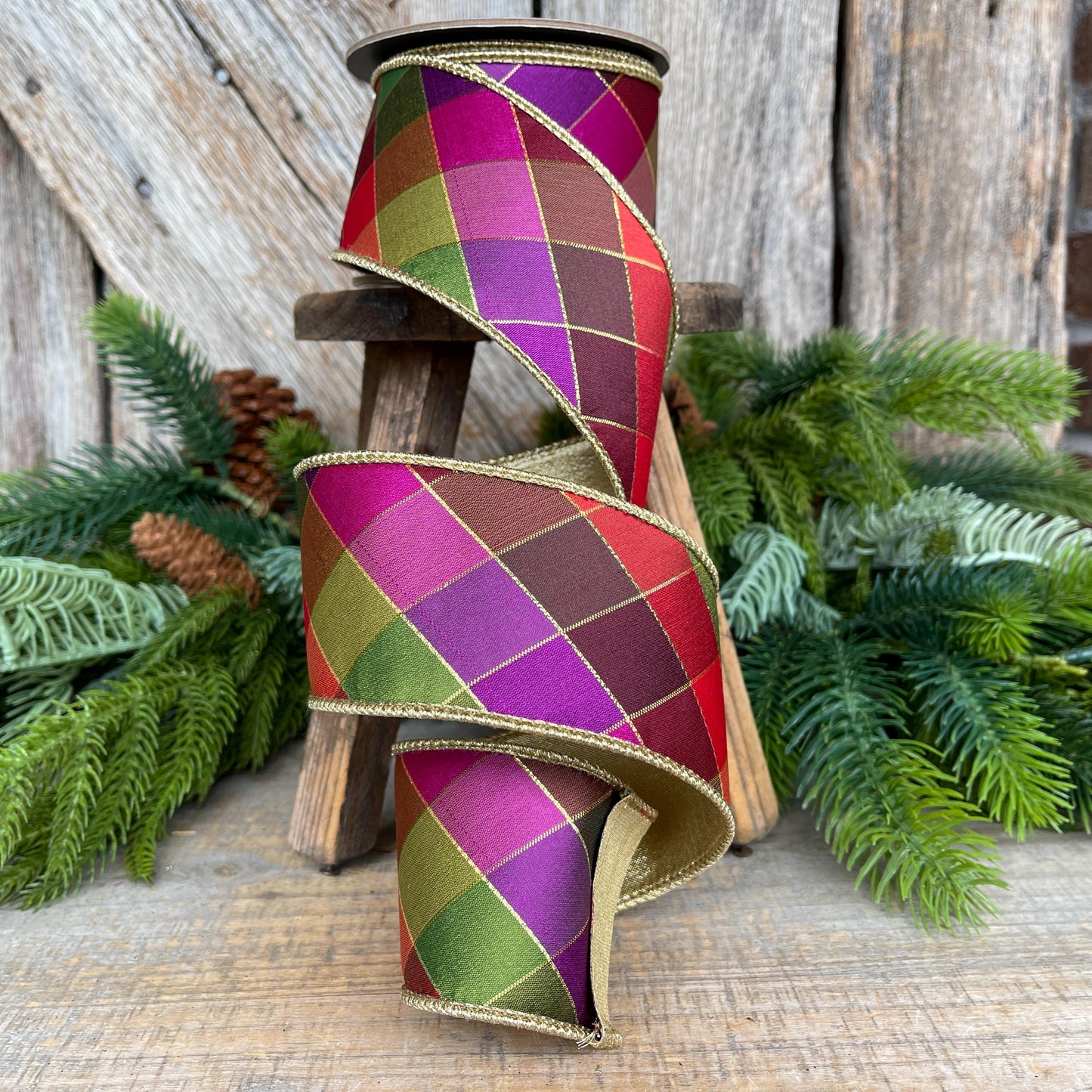 2.5" Fall Diamond Ribbon, Christmas Ribbon, Harlequin Ribbon