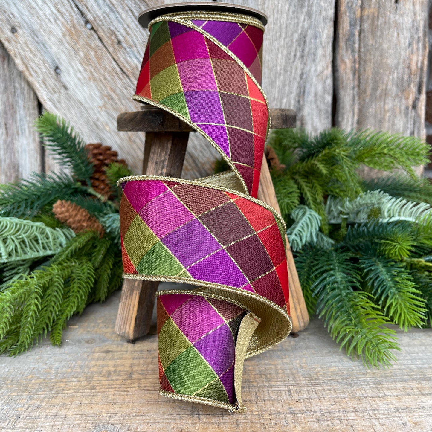 2.5" Fall Diamond Ribbon, Christmas Ribbon, Harlequin Ribbon