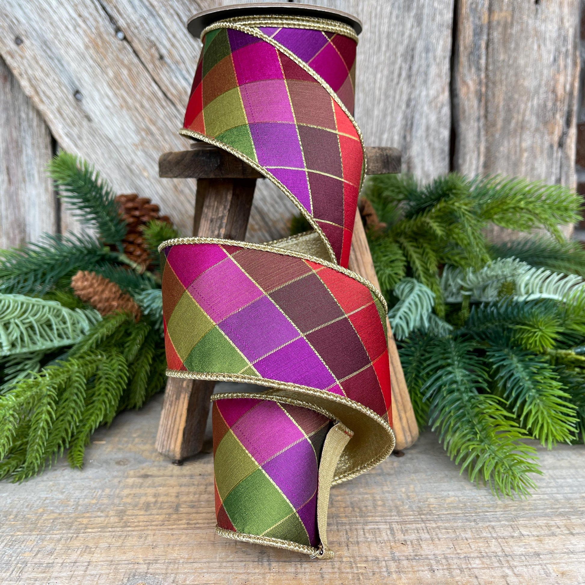2.5" Fall Diamond Ribbon, Christmas Ribbon, Harlequin Ribbon