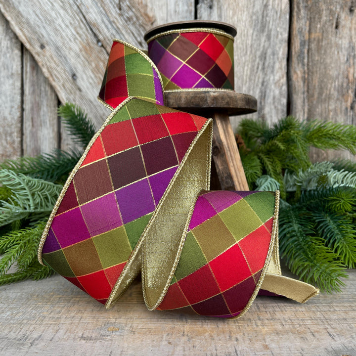 2.5" Fall Diamond Ribbon, Christmas Ribbon, Harlequin Ribbon