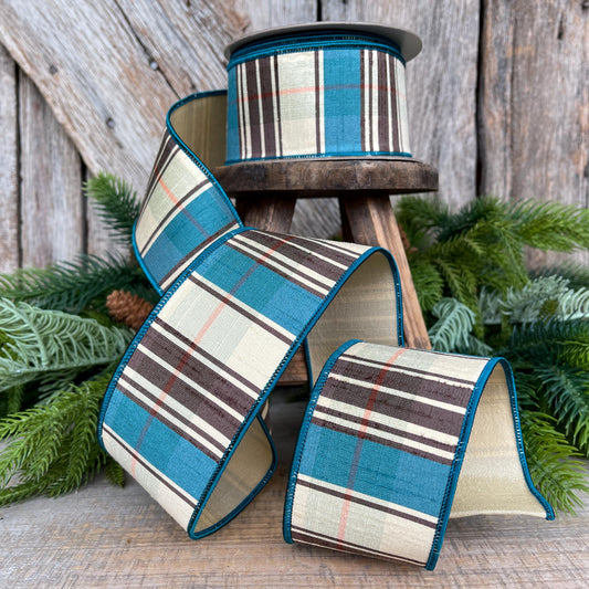 2.5" Fall Plaid Ribbon, Chocolate Hampton Plaid Ribbon, Farrisilk Ribbon, Brown Teal Plaid, Wired RIbbon,Designer Ribbon,RK500-23