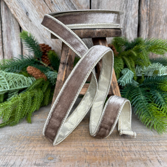 1" Platinum Velvet Sheen Ribbon, Farrisilk Ribbon, Wired Ribbon, Platinum Velvet Ribbon, Champagne Gold Velvet, Christmas Ribbon, RK466-51