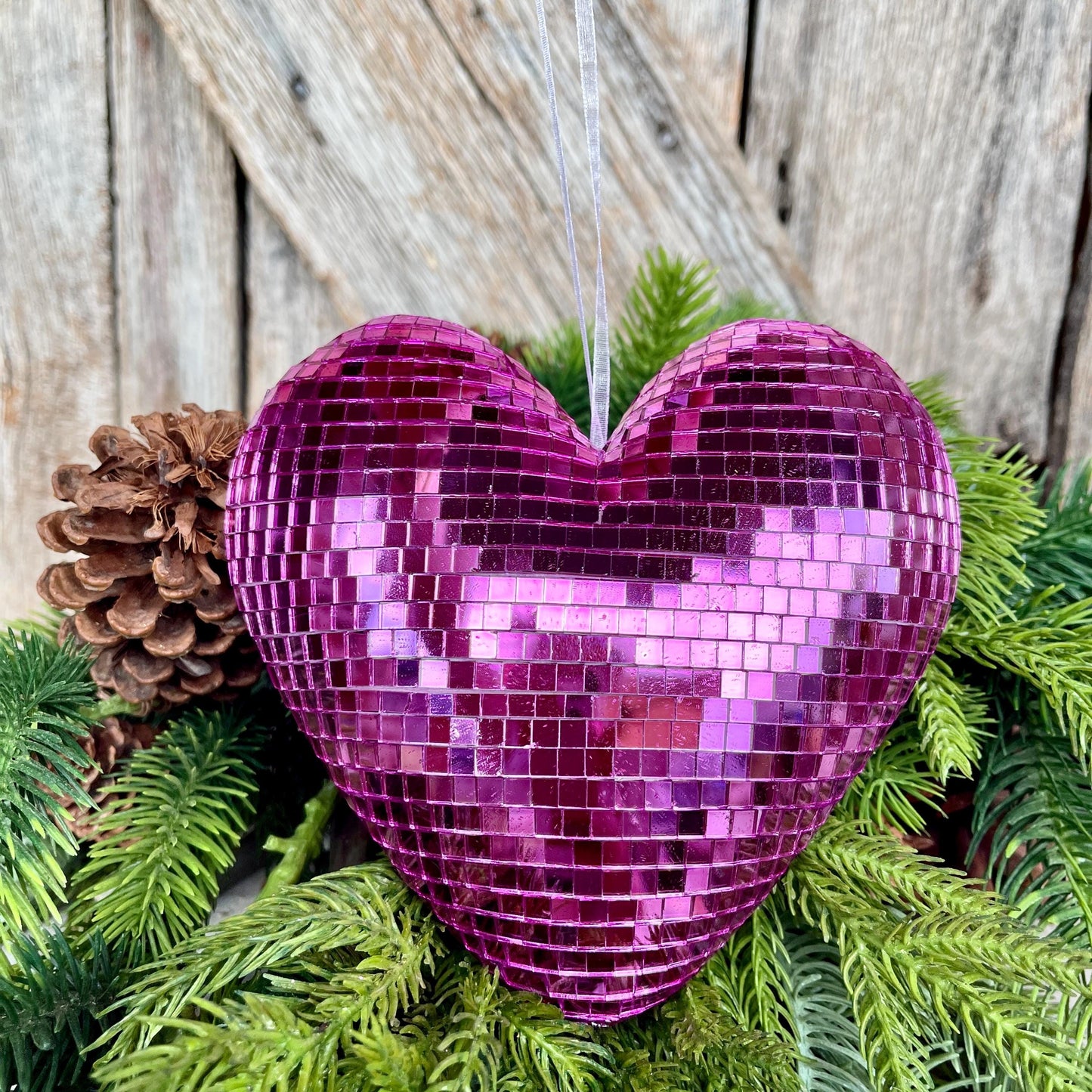 6" Pink Disco Heart Ornament, Pink Heart Ornament, Disco Heart