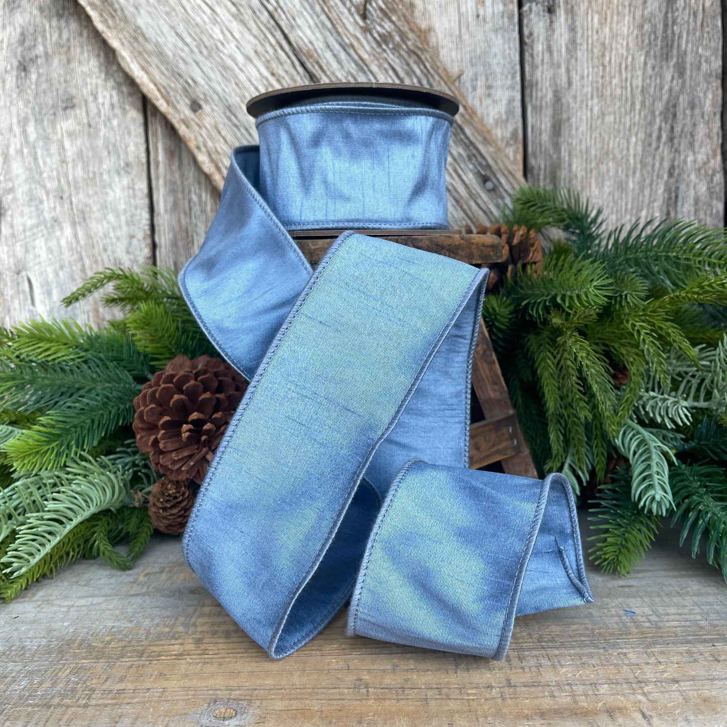 2.5" French Blue Dupioni Ribbon, Wired Ribbon, Narrow Ribbon