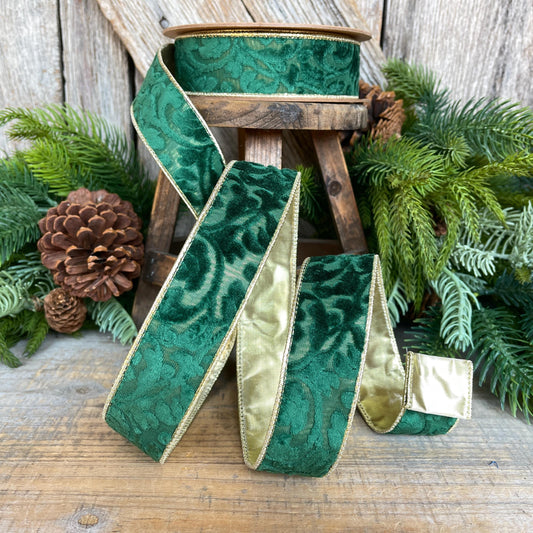 Emerald Green Embossed Velvet Christmas Ribbon: Wired Gold Backing, 1.5" x 10 Yards